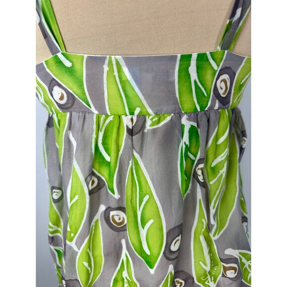Vince. Size 8 Empire Waist Silk Mini Dress Gray Green Sundress Leaf Leaves Boho - Picture 7 of 11